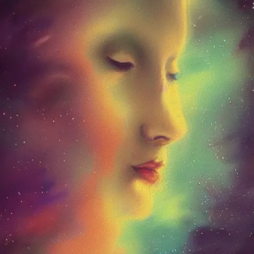 Image similar to beautiful detailed artistic portrait of a person travelling between different astral planes. the universe observing itself. grainy and rough. fine detail. soft colour scheme. artistic painting by lurid ( 2 0 2 2 ). featured on deviantart.