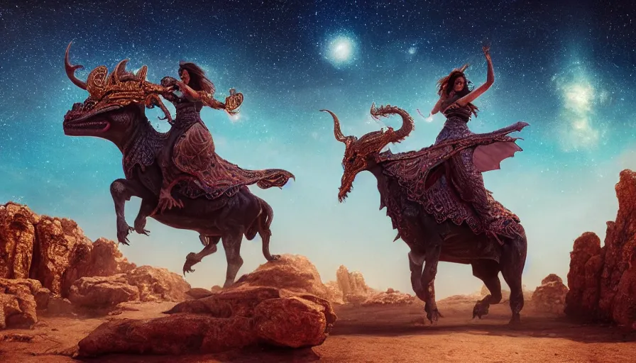 Image similar to a beautiful ornate woman, riding a bull in socotra island with dragon trees, starry night, sharp focus, wide shot, trending on artstation, masterpiece, by greg rutkowski, by ross tran, by fenghua zhong, octane, soft render, ultrarealistic, colorful, cinematic, shadow of the tomb rider