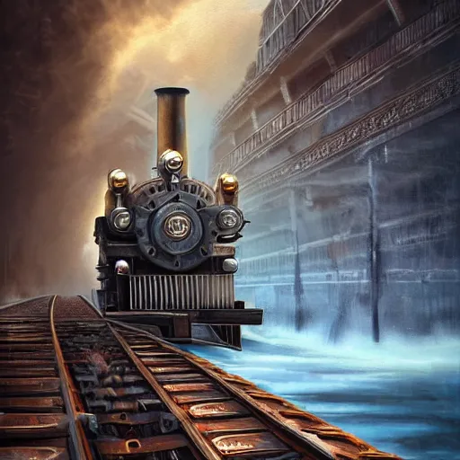 Image similar to steampunk train, details machine, detailed background, realistic moving, unreal engine, by popular digital artist, digital, artstation,, heavenly atmosphere, digital art, overdetailed art, trending on artstation, cgstudio, the most beautiful image ever created, dramatic, award winning artwork, beautiful scenery