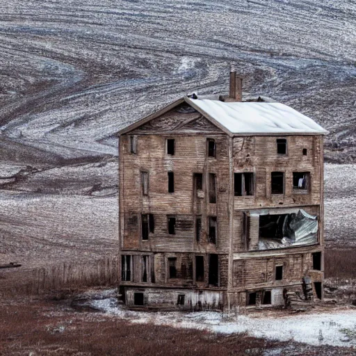 Image similar to a distorted post-apocalyptic landscape with a singular iron-made 10-foor house near the frozen lake hd 8k photo