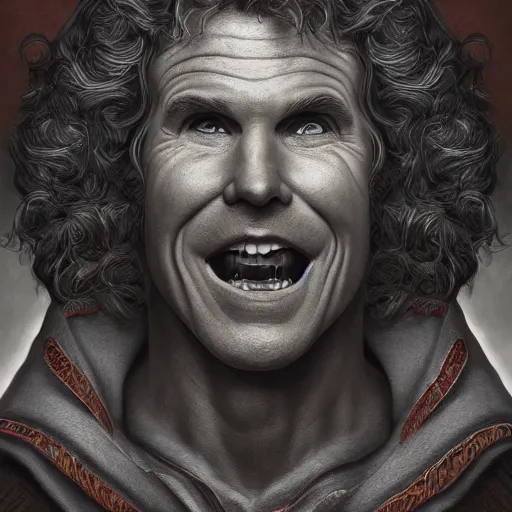 Image similar to Photorealistic will ferrel as the devil in the style of Michael Whelan and Gustave Dore. Hyperdetailed photorealism, 108 megapixels, amazing depth, glowing rich colors, powerful imagery, psychedelic Overtones, 3D finalrender, 3d shading, cinematic lighting, artstation concept art