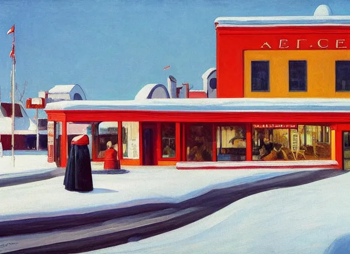 Image similar to a peaceful view of a finnish town in winter, snowfall, gas station cafe, painting by edward hopper