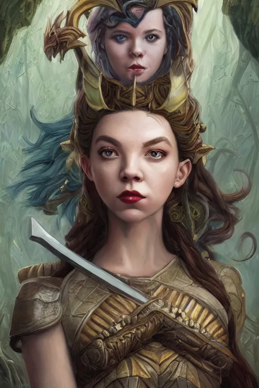 Image similar to A fantasy comic book style, portrait painting of hybrid Anya Taylor-Joy, and Cory Chase as a youthful Atlantean, Reptilian Warrior, Mystical Valkyrie, Modest light Armor, Sword, Sheild, Spear, François Boucher, Oil Painting, unreal 5, DAZ, hyper-realistic, Photorealistic, octane render, Regal, Refined, Coherent, Detailed Digital Art, RPG portrait, William-Adolphe Bouguereau, Michael Cheval, Walt Disney (1937), Steampunk, Hieronymus Bosch, Golden dappled dynamic lighting, Highly Detailed, Theophanic atmosphere, Cinematic Lighting, Unreal Engine, 8k, HD