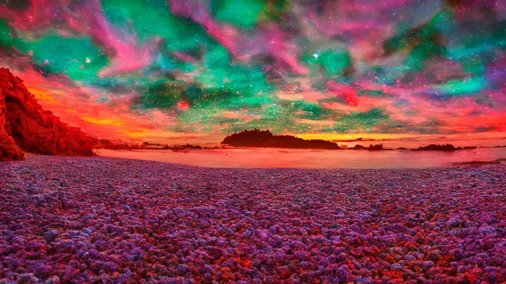 Prompt: blurred purple refrigerator, red beach, green ocean, nebula sunset