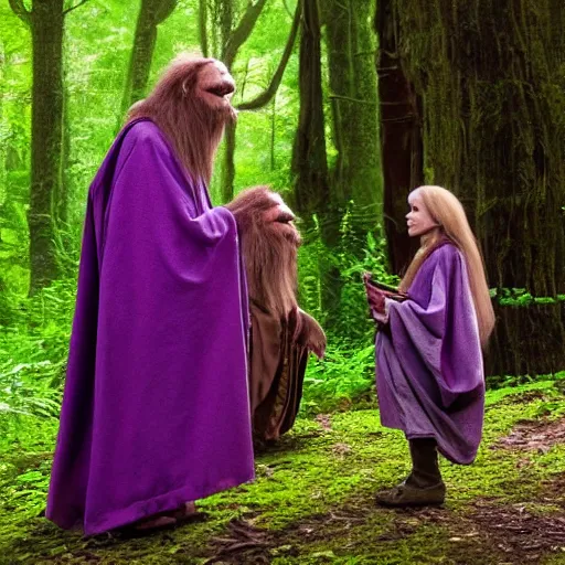 Prompt: a skeksi in purple robes is talking to a gelfling child in the woods, they are from the movie the dark crystal, cinematic 8 k