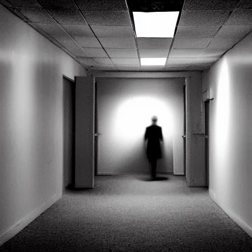 Prompt: a dark figure at the end of a creepy empty office hallway. found footage craiglist photo. in color