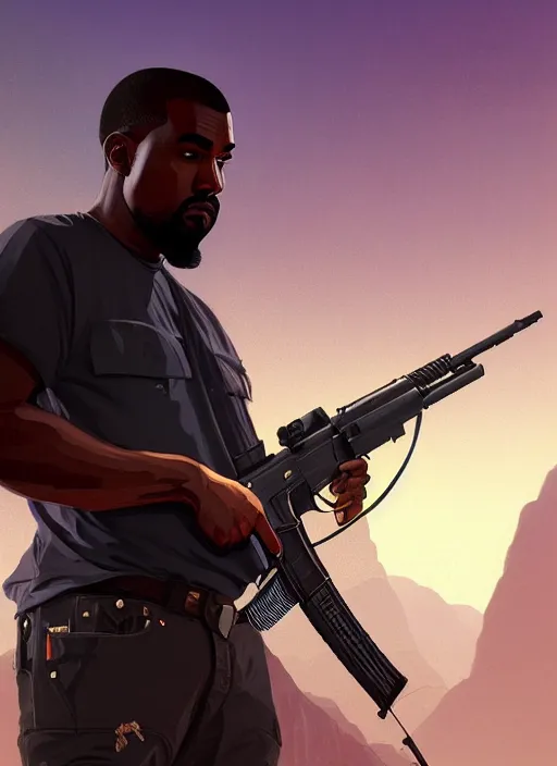 Image similar to highly detailed portrait kanye holding ak 4 7 in gta v stephen bliss unreal engine fantasy art by greg rutkowski loish rhads ferdinand knab makoto shinkai lois van baarle ilya kuvshinov rossdraws tom bagshaw global illumination radiant light detailed intricate environment