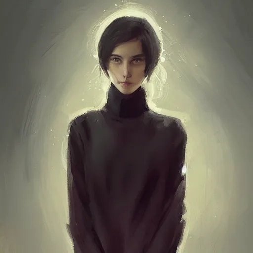 Image similar to portrait of a young woman by greg rutkowski, she is about 2 0 years old, mixture between russian and japanese, pretty, black bob hair with two strands around her face, very tall and slim, wearing a oversized jumper jumpsuit, highly detailed portrait, digital painting, artstation, concept art, smooth, sharp foccus ilustration, artstation hq