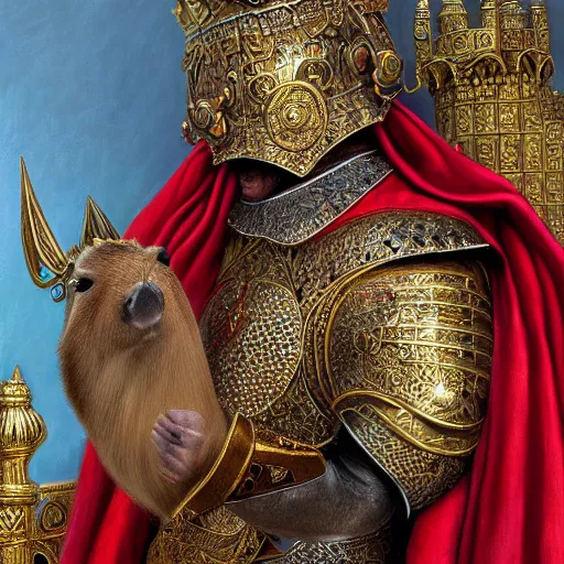 Image similar to detailed photorealistic painting of a capybara wearing a highly detailed ornamented gold crown with diamonds, in a medieval knight armor with red cape, sitting on a throne in a castle, sharp focus in the style of ruan jia, Mandy jurgens, cinematic light, concept art, trending on artstation, ultra realistic