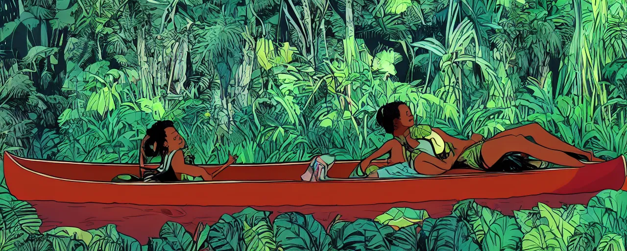 Prompt: a black teenage girl lying down in a canoe that is floating down a river on an alien planet. In the background and surroundings is a lush alien jungle. Muted complementary colours, graphic novel,