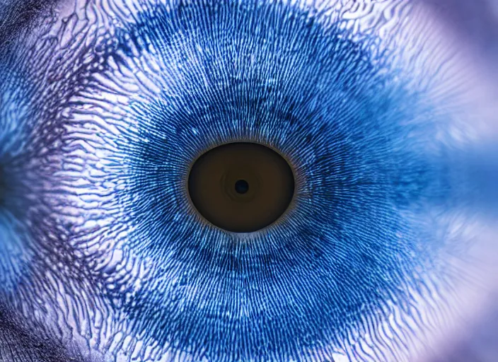 Prompt: macro photo of a eye with big blue fractal iris , detailed, photorealistic , macro photography