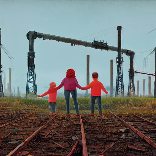 Prompt: a family holding hands, looking at an abandoned steelworks by simon stalenhag