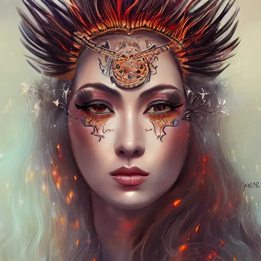 Image similar to A portrait of an attractive young female fire angel, beautiful long fire hair, wearing tumultus flames, intricate, highly detailed, elegant, digital painting, trending on artstation –n 4