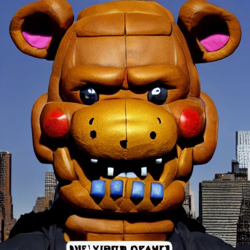 Image similar to giant Freddy Fazbear head in New York hyper realistic photo