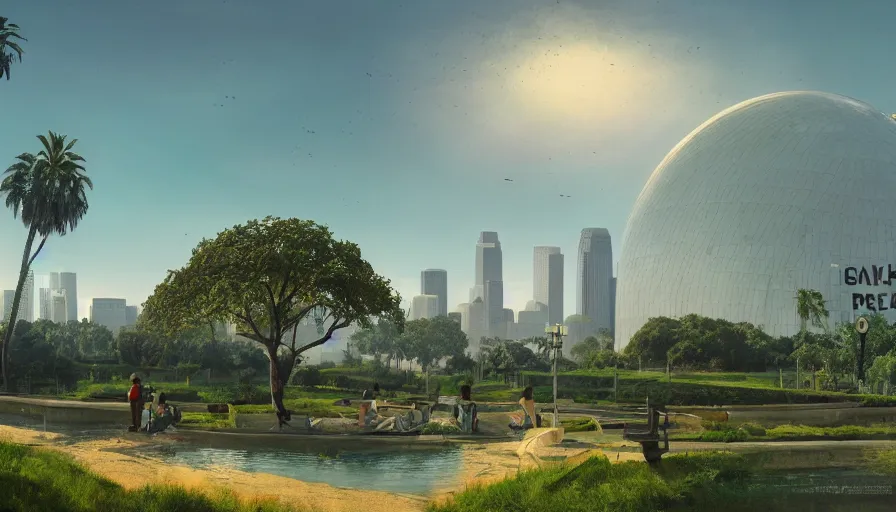 Image similar to giant green museum dome built in los angeles with parks, bench and water with city of los angeles very far away in the background, sunny day, hyperdetailed, artstation, cgsociety, 8 k