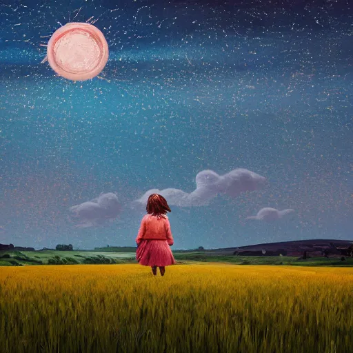 Prompt: giant daisy flower as a head, girl walking in wheat field, hills, surreal photography, moon light, dark night, star trails, dramatic light, impressionist painting, clouds, digital painting, artstation, simon stalenhag