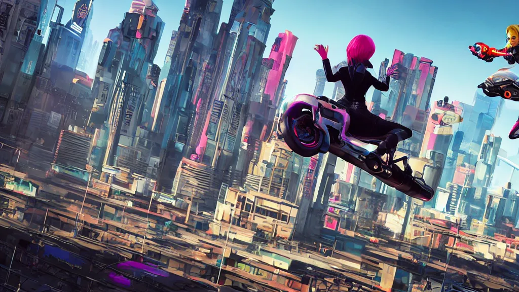 Prompt: modern sporty fashionable sci-fi woman with a cropped jacket and miniskirt, riding a hoverbike flying over colourful graffiti skyscraper buildings, daytime, matte painting, sunset overdrive, unreal engine, mirrors edge