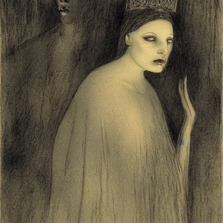 Image similar to beautiful portrait of The princess of The Cold by Alfred Kubin, environment and concept art, iridescent, flickering light, extremely detailed