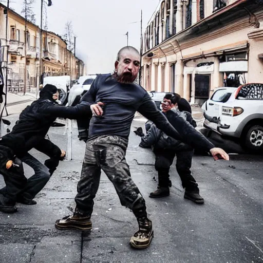 Prompt: A russian thug squating in the street