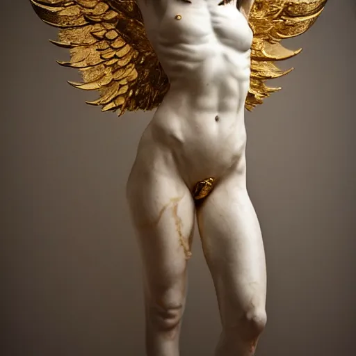 Image similar to a statue made of gold veins marble, of an beautiful angel girl with an sword, perfect symmetrical body, perfect symmetrical face, no eyes, hyper realistic, hyper detailed, fujicolor superia 1 6 0 0 photo, full body shot, by peter kemp, by monia merlo