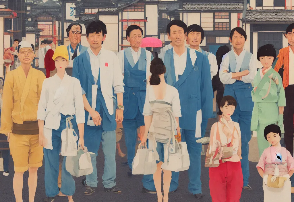 Image similar to full body portrait of a group, a row of a several european tourists standing with a variety of poses and props, several character designs, rural japan, a detailed painting, in the style of wes anderson, lola dupre, david hockney, isolated on negative white space background dark monochrome neon spraypaint accents volumetric octane render