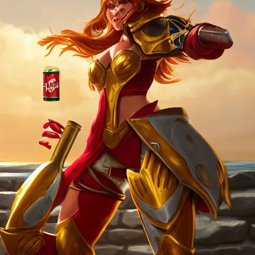 Image similar to leona from league of legends wearing gold and scarlet armor drinking a soft drink out of a blue can on a hot summer day at the beach. she is wearing wearing gold and scarlet armor. digital illustration, trending on artstation, highly detailed, excellent beautiful lighting,