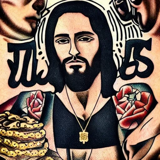 Image similar to jesus as a rapper, tattoos on face, golden chains, swag, crisps