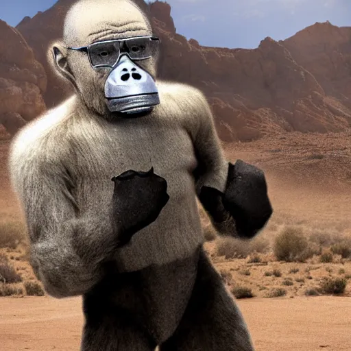 Prompt: A realistic photo of Walter White wearing a gorilla suit with a gas mask, cinematic lighting, New Mexico desert