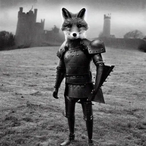 Prompt: anthropomorphic fox!! who is a medieval knight holding a swo - rd towards a stormy thunderclo - ud [ 1 9 3 0 s film still ], ( castle in the background )