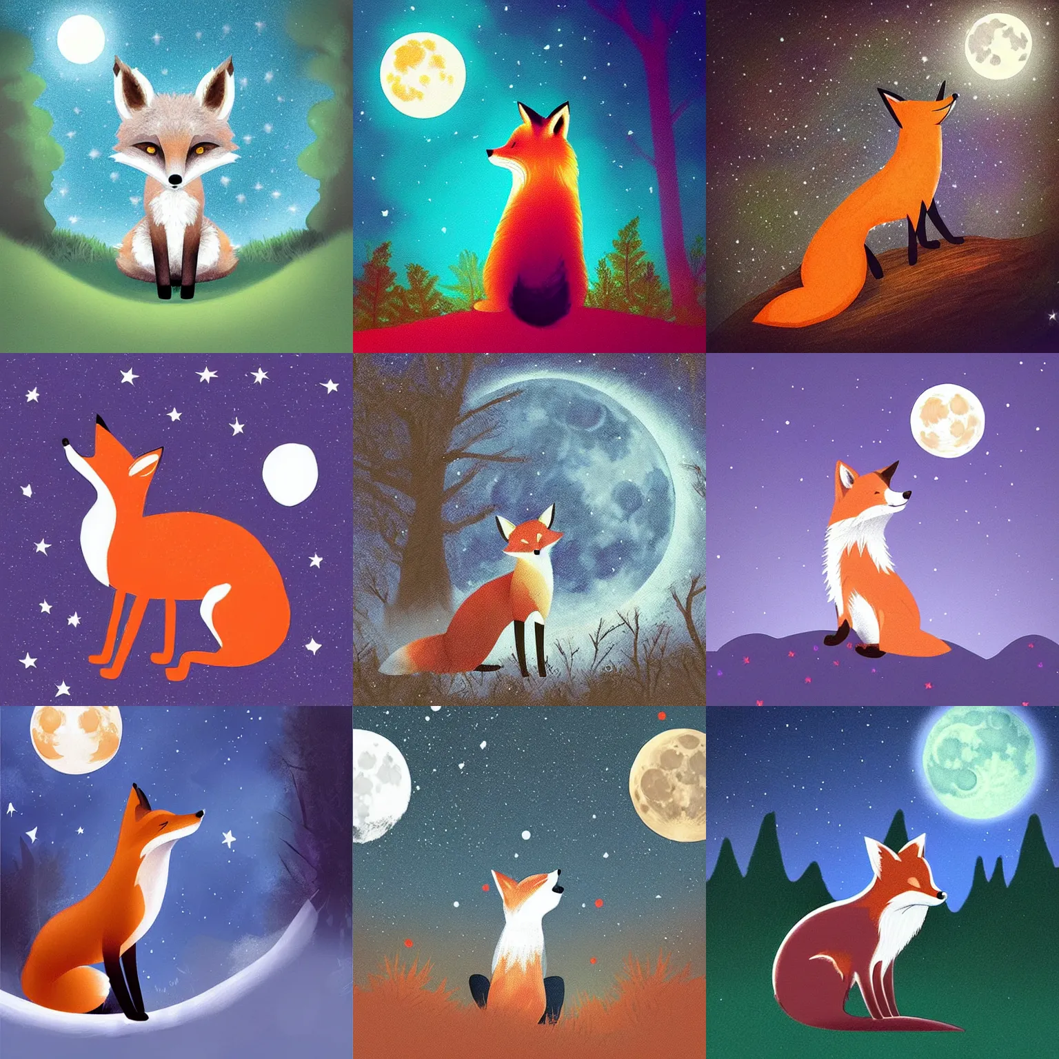 Prompt: “a fox sitting in the woods, looking up at the night sky. The moon shines brightly. digital art.”