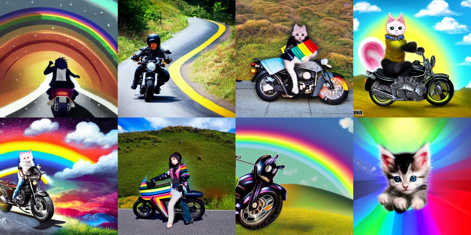 Prompt: Wide view of cute rainbow fluffy kitten wearing black jacket riding motorcycle over hill, anime
