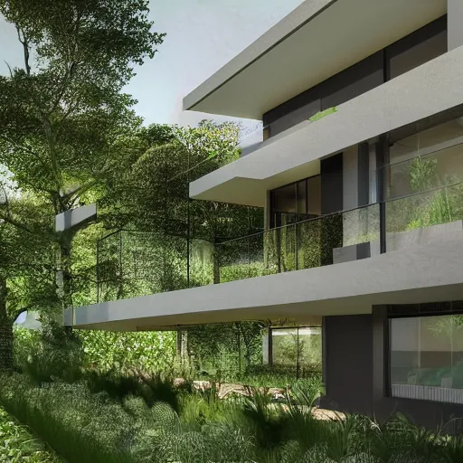 Image similar to modern house, surrounded by a lush jungle, hyper realistic, photo real,