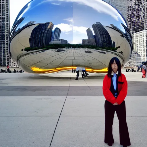 Prompt: Tsukasa from Lucky Star manga style at Chicago Cloud Gate