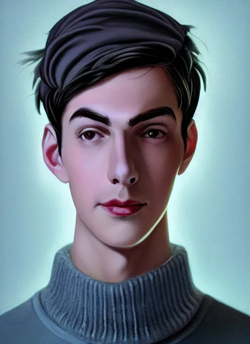 Image similar to portrait of teenage jughead jones wearing a light grey crown, crown, blue turtleneck, 1 9 5 0 s, closed eyes, photorealistic, black hair, glowing lighting, intricate, elegant, glowing lights, highly detailed, digital painting, artstation, concept art, smooth, sharp focus, illustration, art by wlop, mars ravelo and greg rutkowski