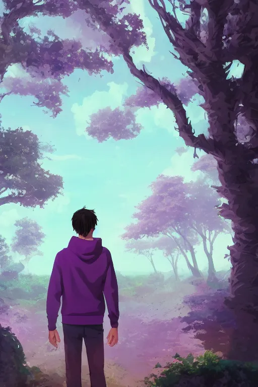 Image similar to young man in a purple hoodie, back view, messy short brown hair, detailed neighbourhood background, trees, colourful, 8 k, anime, ghibli style, graphic novel, digital art trending on artstation, volumetric lighting, octane render, cinematic, hyper detailed