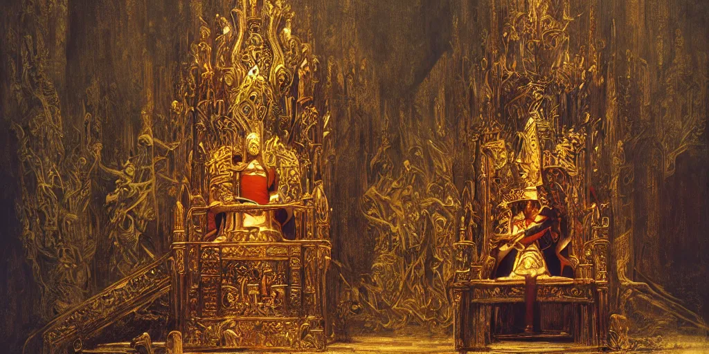 Image similar to a medieval king sitting on a golden throne led by stairs leaning on a shiny sword in a palace, light illuminating behind the throne, beksinski and syd mead cinematic painting