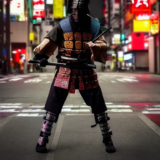 Image similar to a samurai wielding his katana in the middle of modern tokyo in cyberpunk style