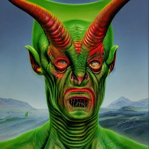 Prompt: realistic alien medium shot portrait with horns, green. red eyes, human eyes, background flames, by wayne barlowe