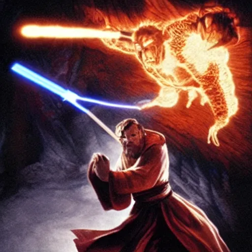 Image similar to a balrog fighting obi wan kenobi