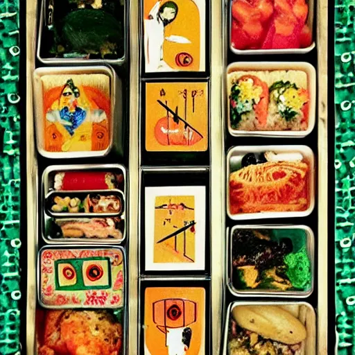 Prompt: bento box organised in the style of a tarot card, beautiful realistic photograph