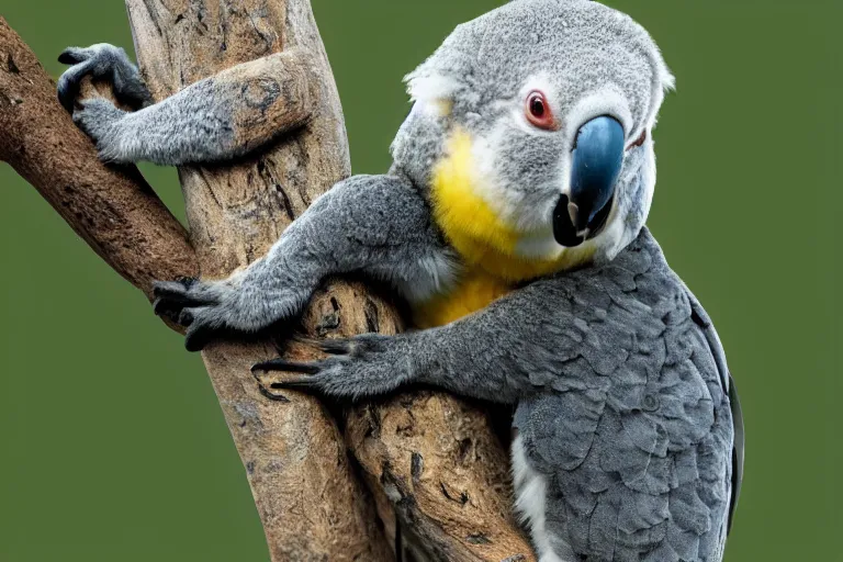 Image similar to award winning nature photograph of a parrot's beak on a cuddly koala in a tree. the koala is eating a eucalyptus leaf. focus on the beak. extreme detail, hyperrealistic photo, smooth, trending on artstation