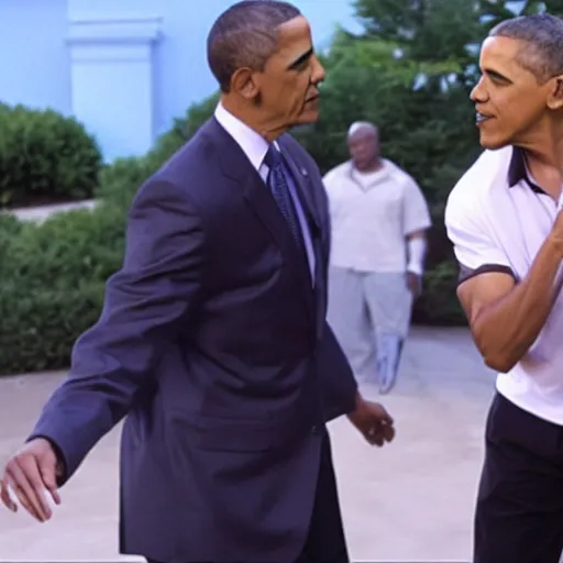 Prompt: still of will smith attacking obama with a flip flop