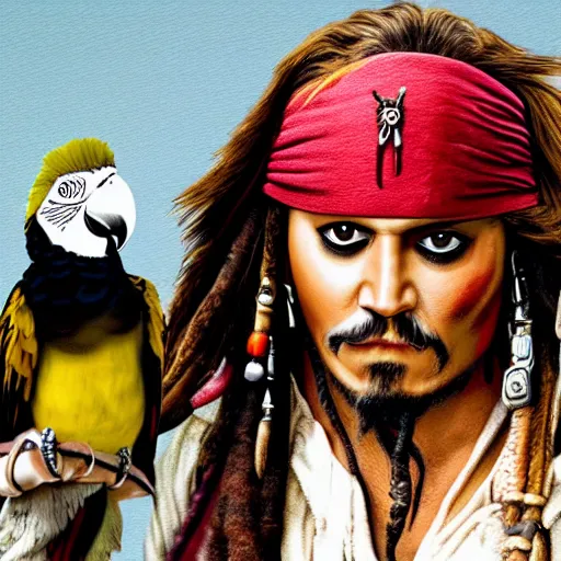 Prompt: jack sparrow with a parrot on the shoulder, portrait, 8k resolution