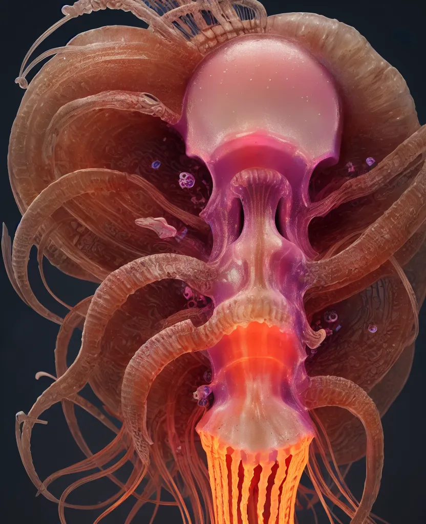 Image similar to goddess close-up portrait ram skull. jellyfish phoenix head, nautilus, orchid, skull, betta fish, bioluminiscent creatures, intricate artwork by Tooth Wu and wlop and beeple. octane render, trending on artstation, greg rutkowski very coherent symmetrical artwork. cinematic, hyper realism, high detail, octane render, 8k