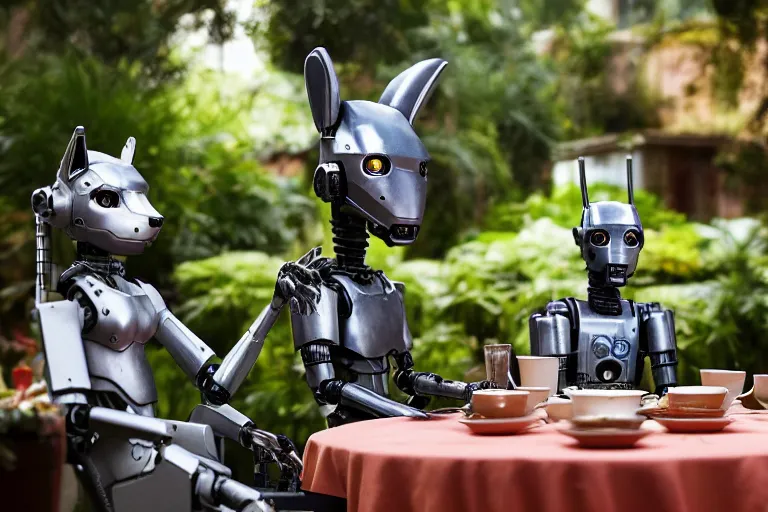 Image similar to film still from the movie chappie of the robot chappie shiny metal outdoor park plants garden scene bokeh depth of field several figures sitting down at a table having a tea party furry anthro anthropomorphic stylized cat ears wolf muzzle head android service droid robot machine fursona