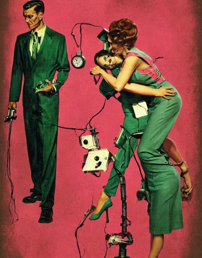 Image similar to a female housewife!!!! being hugged by a manly metal robot!!!! in a suit!!!, 1 9 5 0 s horror film movie poster style, ( norman rockwell oil painting ), close - up shot, tight shot, retro science fiction, vintage, saturated pink and green lighting, shadowy lighting