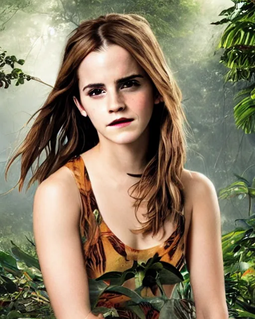 Image similar to Emma Watson in a jungle of lightning