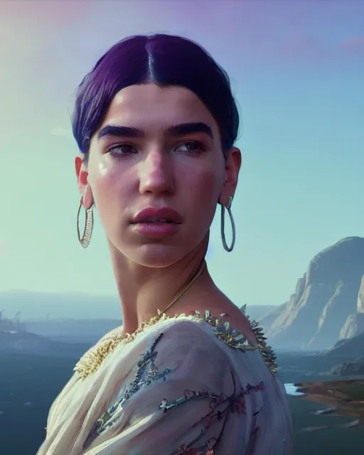 Prompt: portrait of Dua Lipa as a modest renaissance goddess, in GTA V, Stephen Bliss, unreal engine, by Greg Rutkowski, Loish, Rhads, Makoto Shinkai and Lois van baarle, ilya kuvshinov, rossdraws, global illumination, radiant light, detailed and intricate environment