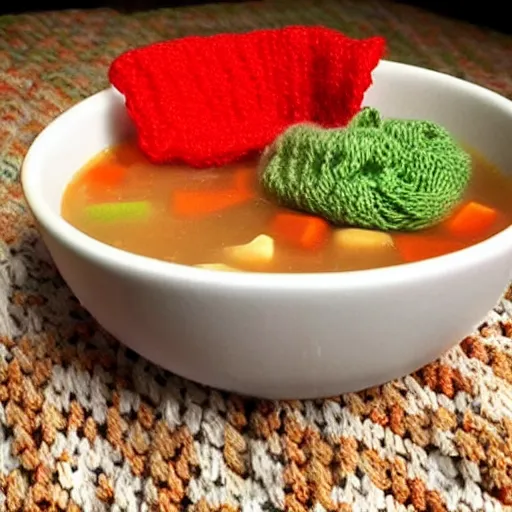 Prompt: A bowl of soup knitted out of yarn