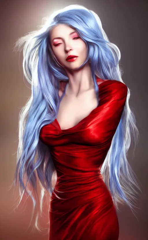 Image similar to the prettiest woman with silver blue hair, in a red and white dress portrait, dynamic lighting, fantasy concept art, trending on art station, stunning visuals, creative, cinematic, ultra detailed, ray tracing, sun rays, hyper realistic